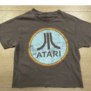 Atari Graphic T-Shirt Charcoal Gray Retro Logo Raw Hem Cropped Top Womens Small